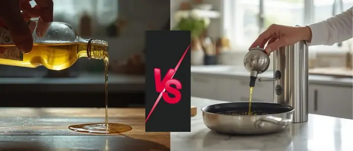 Traditional oil bottle dripping oil vs smart oil dispenser showing controlled pouring, highlighting smart oil dispenser vs traditional oil bottle comparison