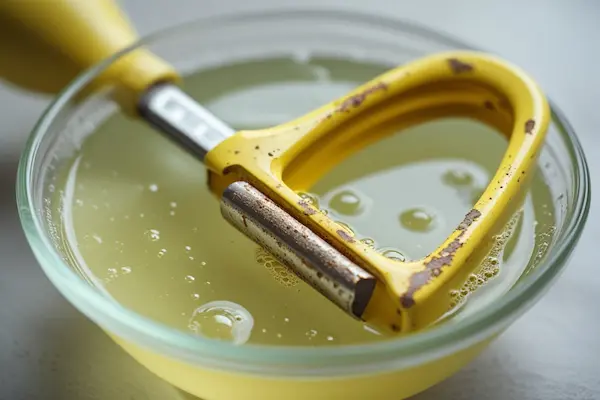 Soaking Y peeler blade in vinegar to remove rust