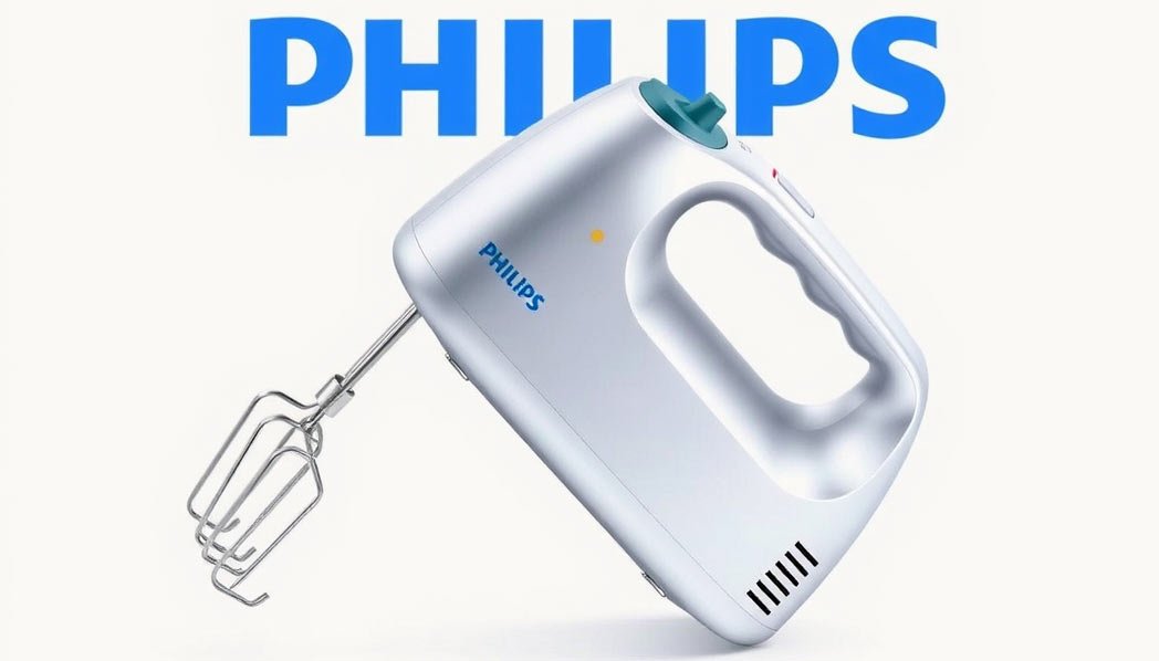 Philips HR3705/20 hand mixer whipping cream in a kitchen bowl, lightweight and easy-to-use design