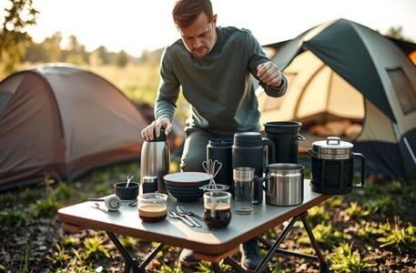 Man arranging portable travel kitchen gadgets on a camping table outdoors