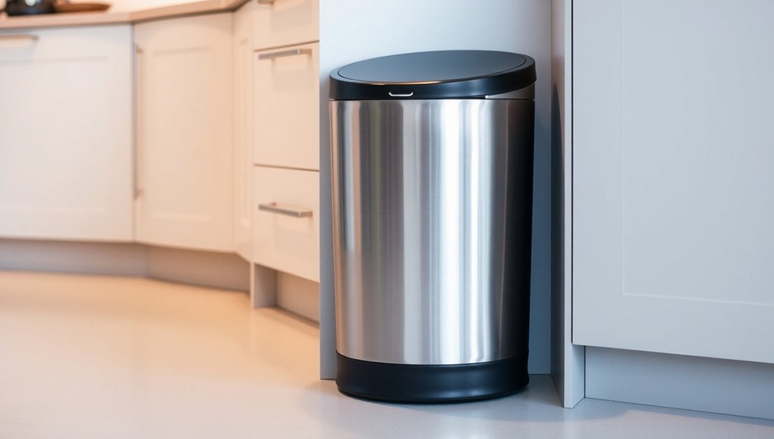 Hands-free motion sensor bin opening automatically in a clean modern kitchen