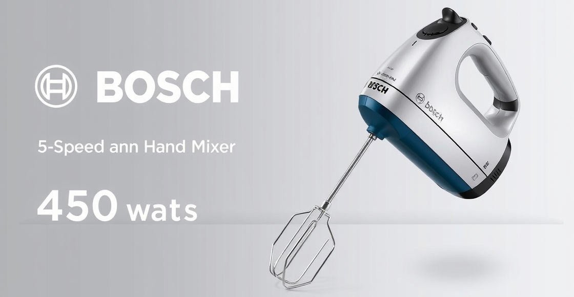 Bosch 5-Speed Hand Mixer mixing batter in a glass bowl on a modern kitchen counter