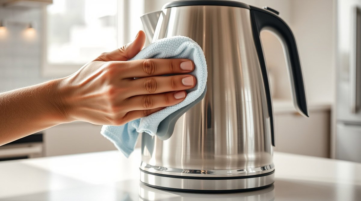 Modern kitchen countertop with an electric kettle, lemon slices, and cleaning cloth for natural descaling.