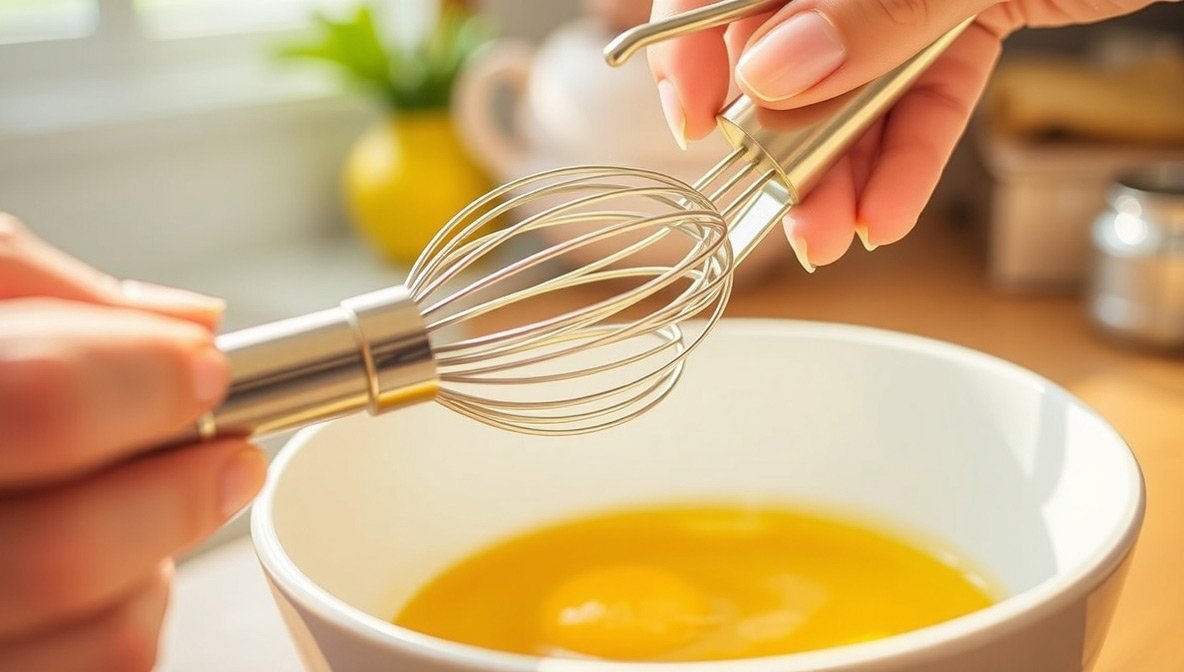 Small stainless steel mini whisk beating eggs in a white bowl on a kitchen counter.