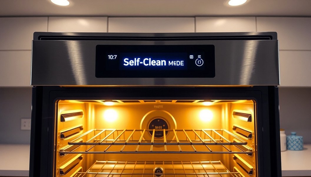 Convection oven with self-cleaning mode activated on digital display in modern kitchen.
