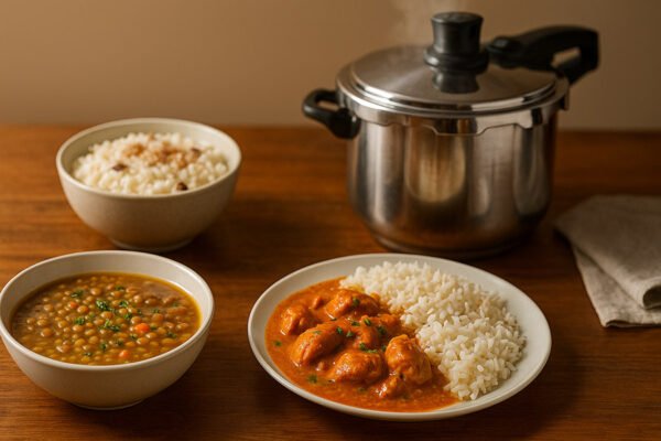Table with lentil soup, chicken curry, and rice pudding cooked in a pressure cooker with steam rising.