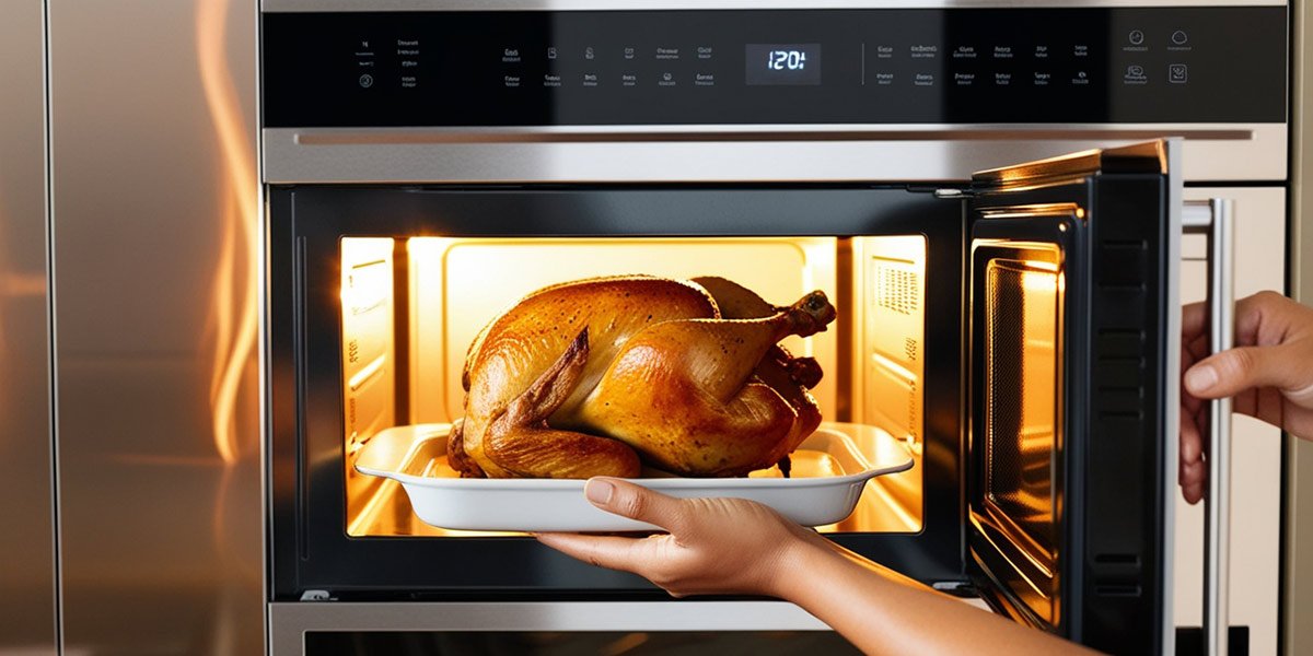 Hands taking out a golden-brown roasted chicken from a convection microwave oven in a modern kitchen