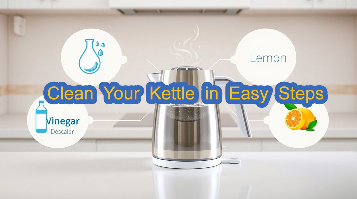 Infographic showing vinegar, lemon, and baking soda as natural methods to clean an electric kettle.