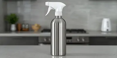 Oil spray bottle on the kitchen countertop for cooking and baking