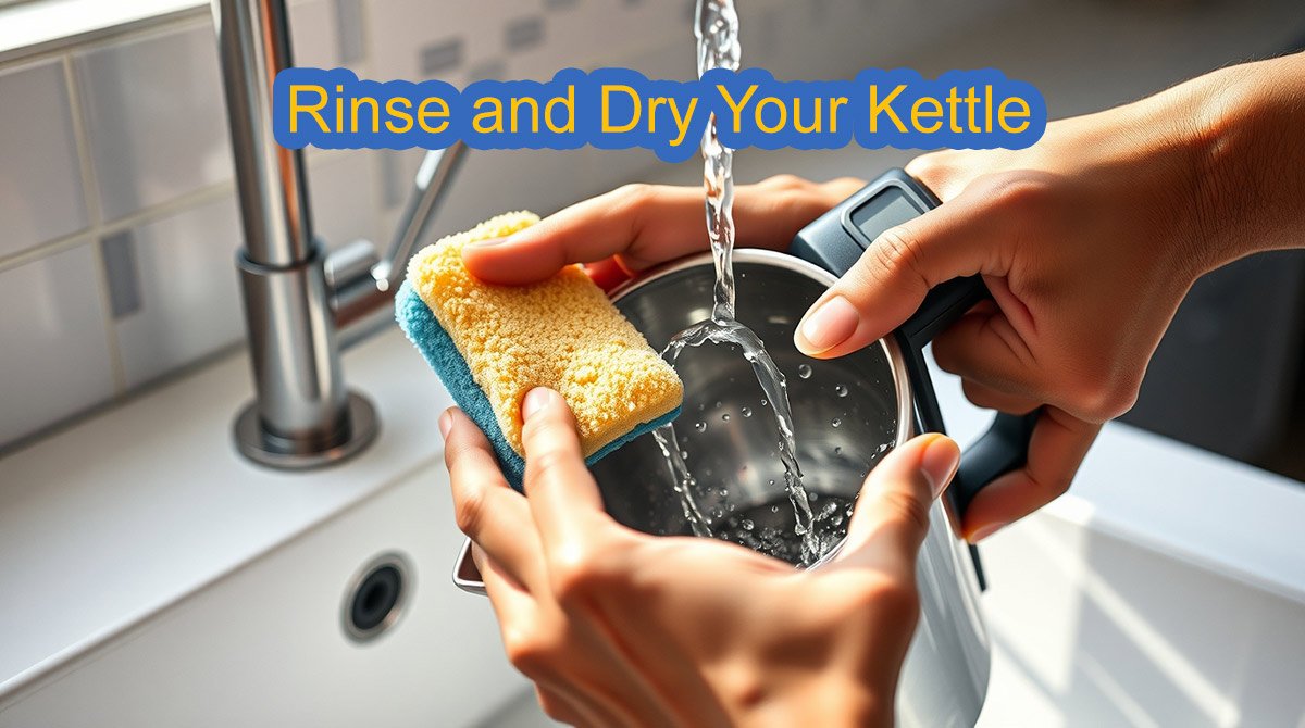 Person wiping electric kettle exterior with a soft cloth in a bright kitchen.