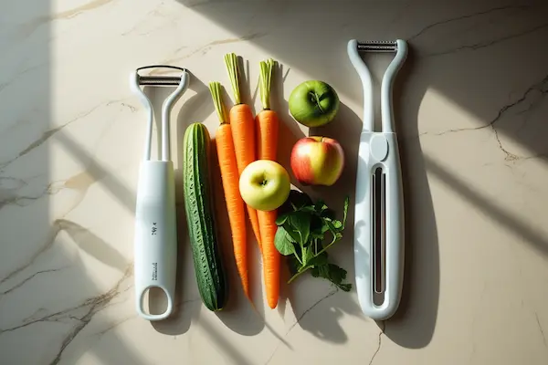 Comparison of black Y-peeler and silver straight peeler on a clean kitchen counter with carrots, potatoes, apples, and pears, showing design differences, ergonomic handles, horizontal vs vertical blade alignment, realistic lighting, top-down view for clear visual comparison