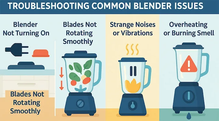 Infographic showing common blender issues and quick fixes, including power, blade, overheating, and leaking problems.