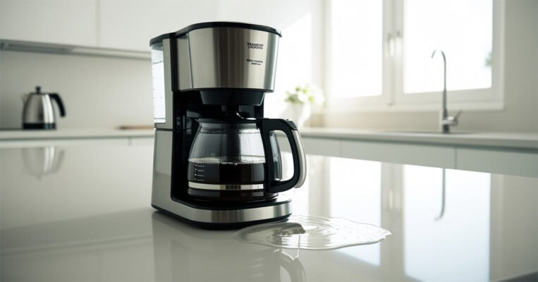 Coffee maker leaking water from bottom on kitchen counter.