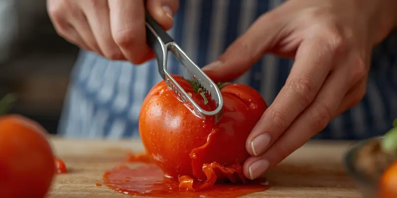Hands using a serrated Y-peeler to peel a ripe tomato.