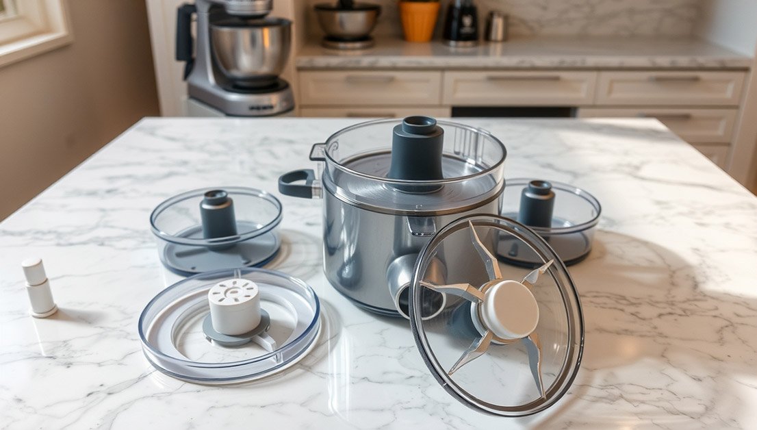 basic components of a food processor on table