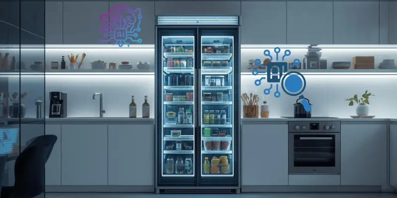 A compact smart kitchen featuring an AI powered refrigerator, smart air conditioner, and AI air fryer on the counter, with sleek modern design, digital interfaces glowing, emphasizing space-saving smart kitchen technology for efficient cooking.