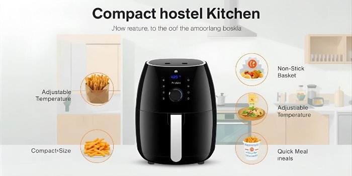 compact air fryer in a hostel kitchen with labeled