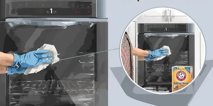 Infographic of a home baker cleaning the baking oven glass door with baking soda paste.