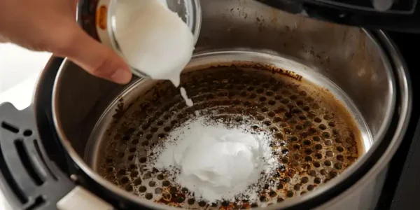 Baking soda paste being applied to a stainless steel air fryer basket, removing grease