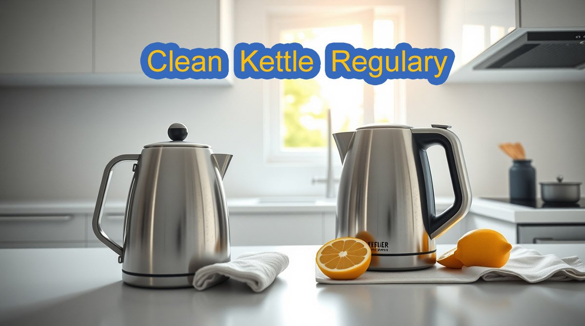 Modern kitchen countertop with an electric kettle, lemon slices, and cleaning cloth for natural descaling.