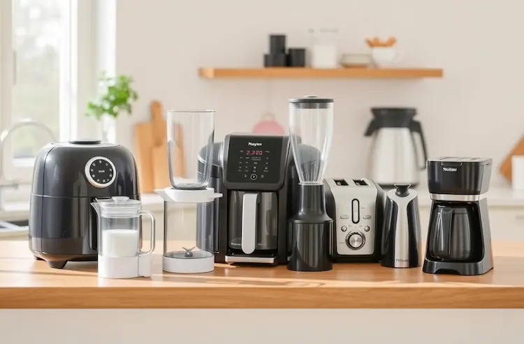 Many new kinds of kitchen cooking gadgets are on a shelf in modern kitchen