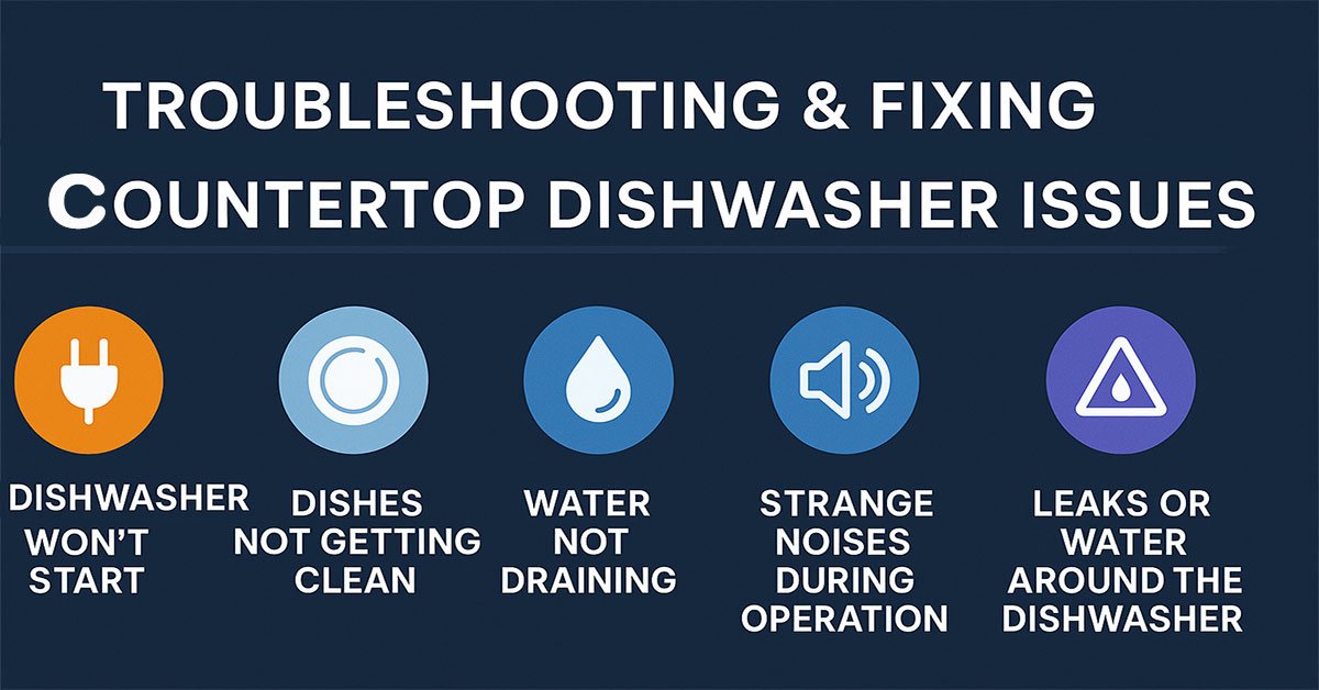 Infographic showing countertop dishwasher troubleshooting tips for start-up issues, dirty dishes, drainage problems, strange noises, and leaks