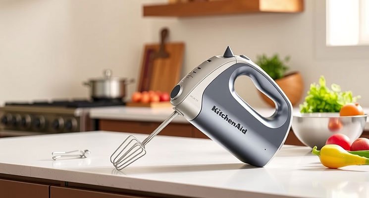 Cordless KitchenAid hand mixer whipping cream, showing mobility and convenience.