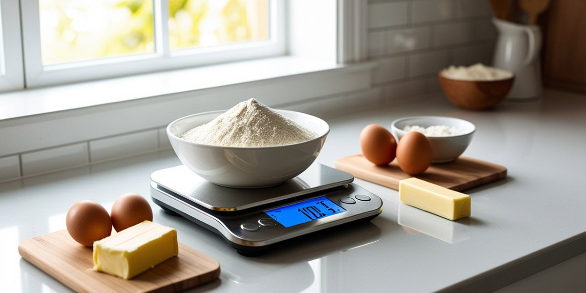 A Digital kitchen scale weighing flour in a modern kitchen with baking ingredients