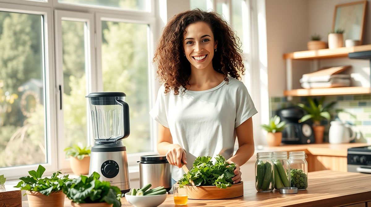 woman cooking in an eco friendly kitchen using reusable containers.