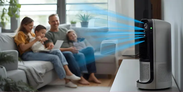 A family is enjoying while an air purifier is on.