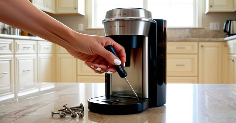 Person repairing coffee maker by opening bottom panel.