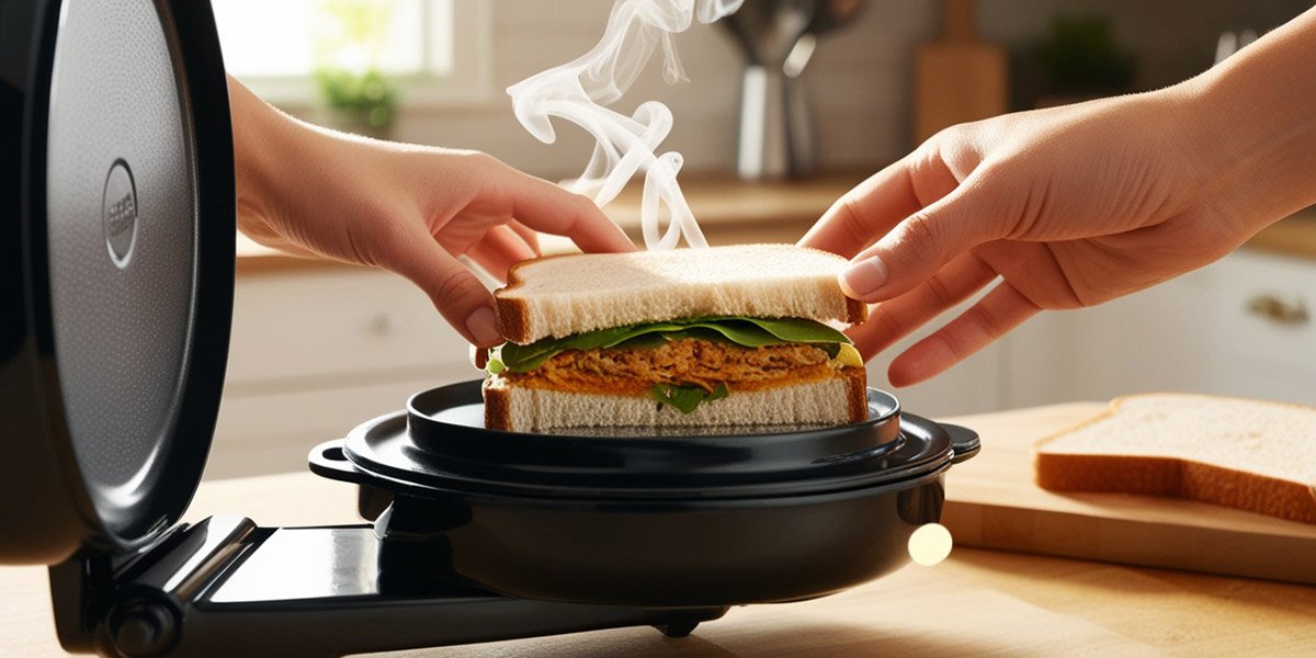 Hands carefully placing a fresh sandwich into a preheated sandwich maker with light steam rising, showing the sandwich-making process