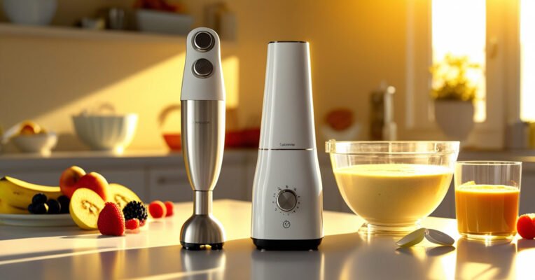 hand blender and mixer on a kitchen shelf side by side