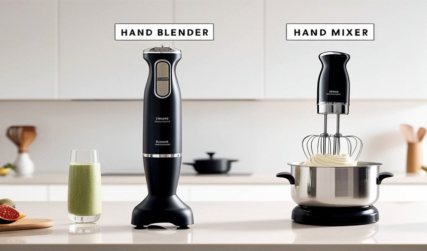 Comparison of a hand blender, hand mixer, and blender showing which appliance is best for different cooking tasks