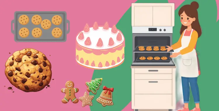 infographic showing baking cookies and cakes in baking oven