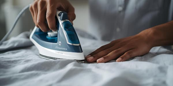 Close-up of an electric ceramic soleplate iron being tested on a fabric.