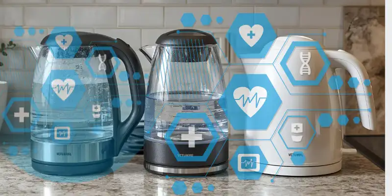 A side-by-side comparison of an electric glass and plastic kettle on a kitchen counter and its benefits on health.