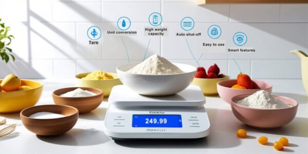 Digital kitchen scale with clear display and labeled icons showing main features like tare, unit conversion, and smart connectivity