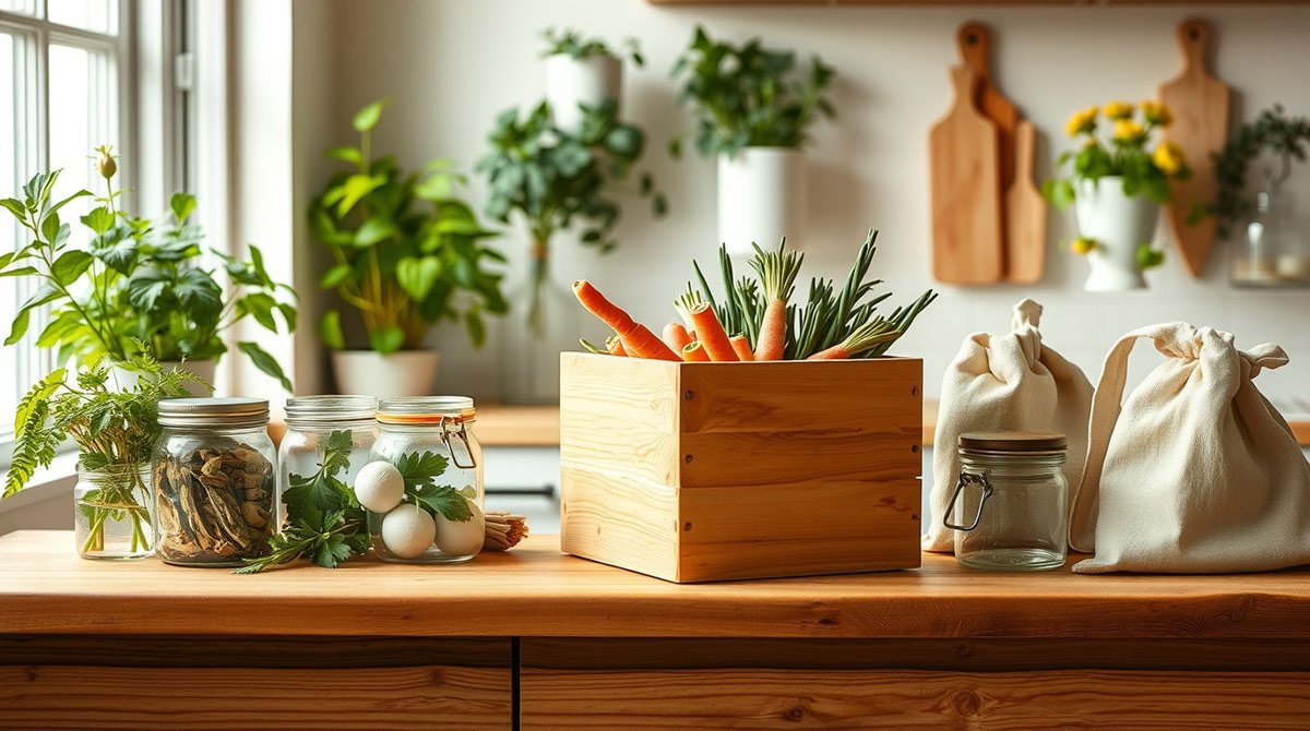 Compost bin on eco friendly kitchen counter with vegetable scraps.