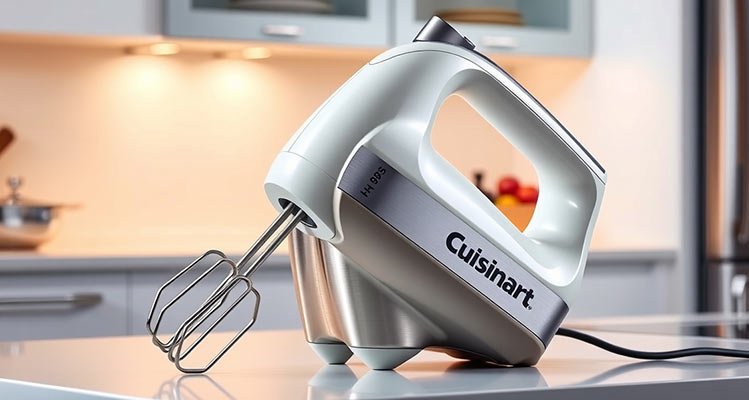 Cuisinart hand mixer with dough hooks and whisks, mixing cookie dough in a kitchen.