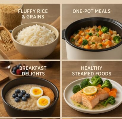 Pressure cooker meals like soup, curry, and pudding on a kitchen table.