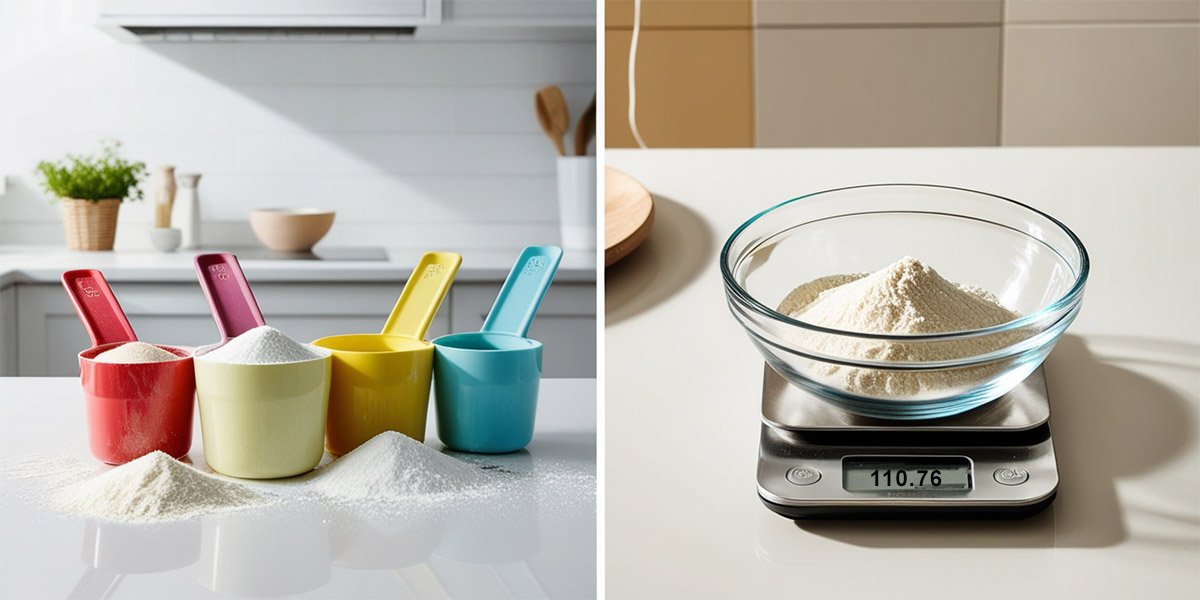 Measuring cups beside a digital kitchen scale showing the difference between volume and weight accuracy.