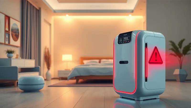 troubleshoot a room-sized air purifier. Hazard sign on air purifier