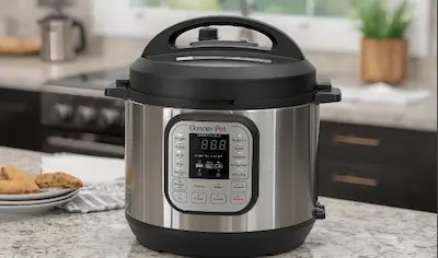 Multi-use electric cooker on a kitchen counter ready for cooking meals