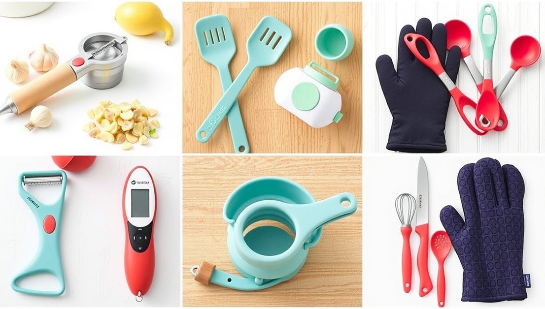 10 budget-friendly kitchen gadgets under $20 displayed on a modern countertop with sunlight.