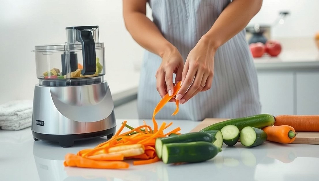 Hands chopping vegetables beside a food processor