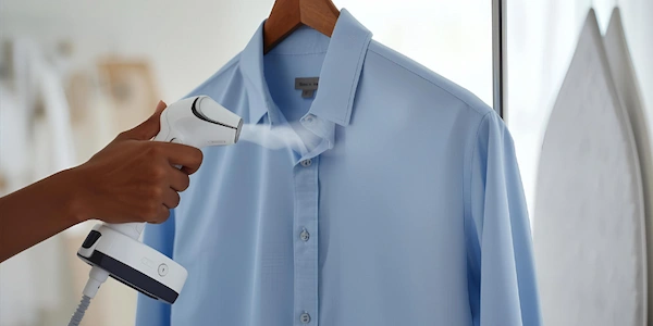 A neatly hung shirt on a strong hanger is pressed by using a garment steamer. The picture shows showing effectiveness of a steam iron.