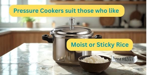 Stainless steel pressure cooker with a bowl of sticky rice beside it
