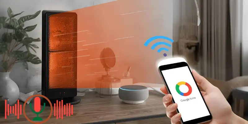 Smart space heater in a modern home, controlled via voice commands using Alexa or Google Home and smart phone app control.