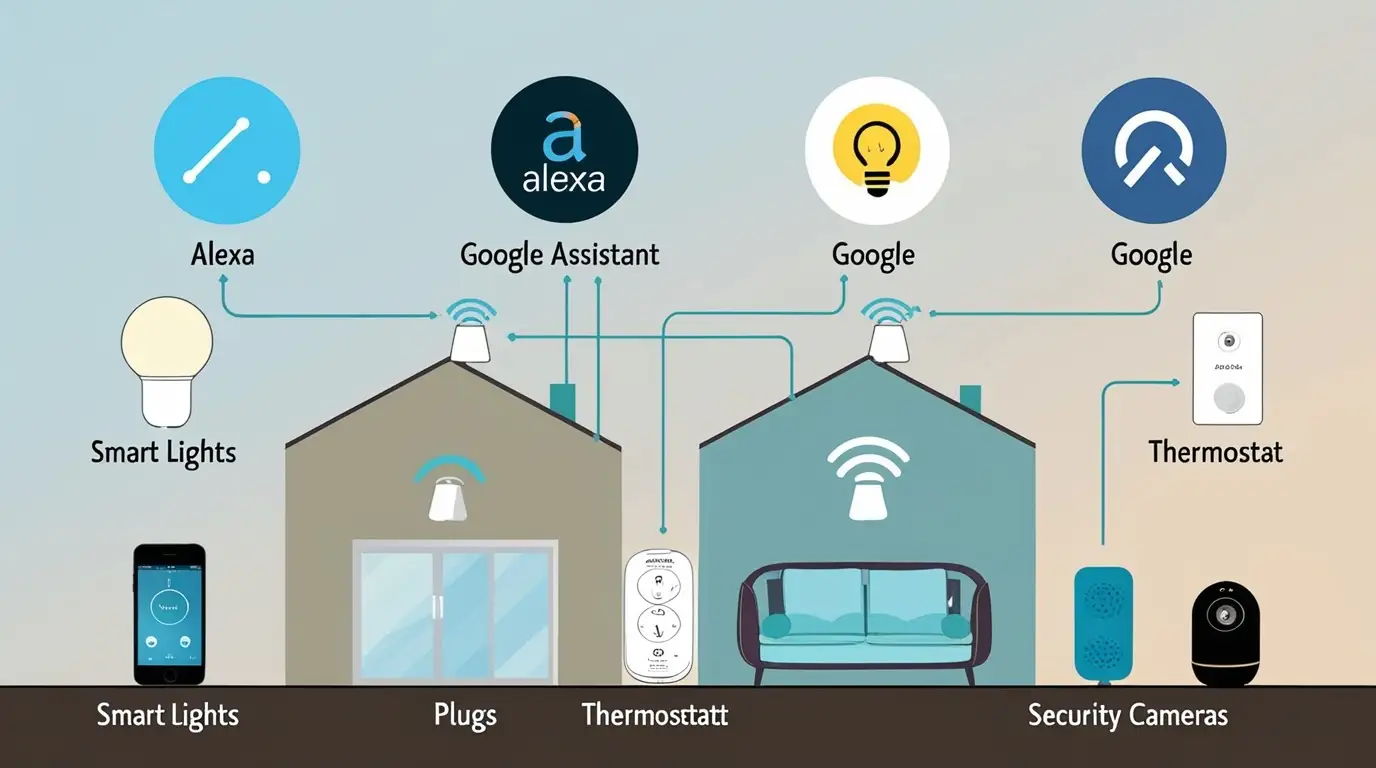 Modern smart home with Alexa Echo, Google Nest, and smart lights controlled by voice